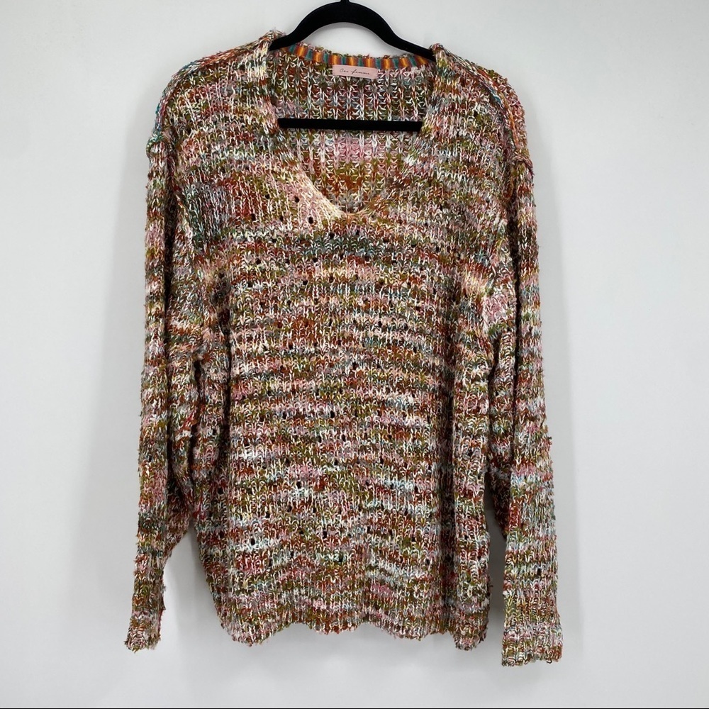 Ces Femme Knit Multicolor Boxy V Neckline Long Sleeves Pullover Sweater